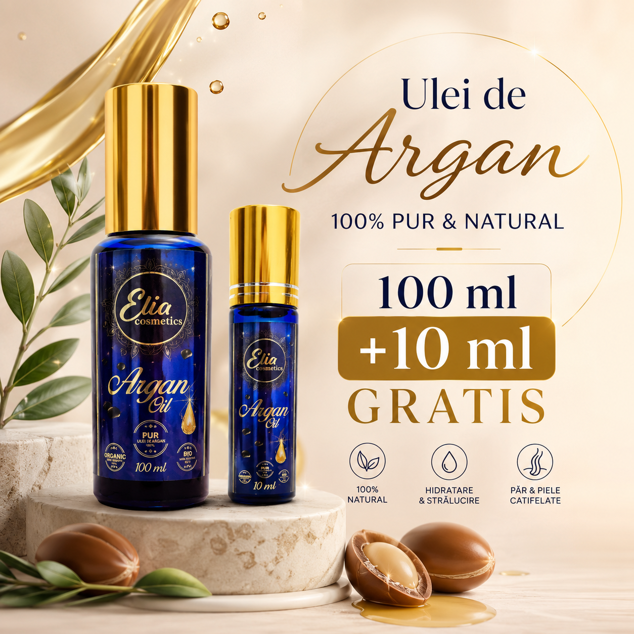Oferta! ULEI DE ARGAN PUR, PRESAT LA RECE - pentru îngrijire piele, păr și unghii, 100 ml + 10 ml GRATIS